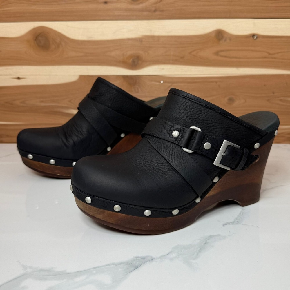 UGG Black Leather Clogs with Wooden Heel